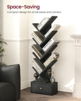 Yzosvki 9 Tier Tree Book Shelf with Drawer, Floor Standing Bookshelf Storage Organizer Bookshelves for Books/CDs, 9 Shelf Narrow Bookcase for Sturdy Room, Bedroom, Living Room, Black Yzosvki