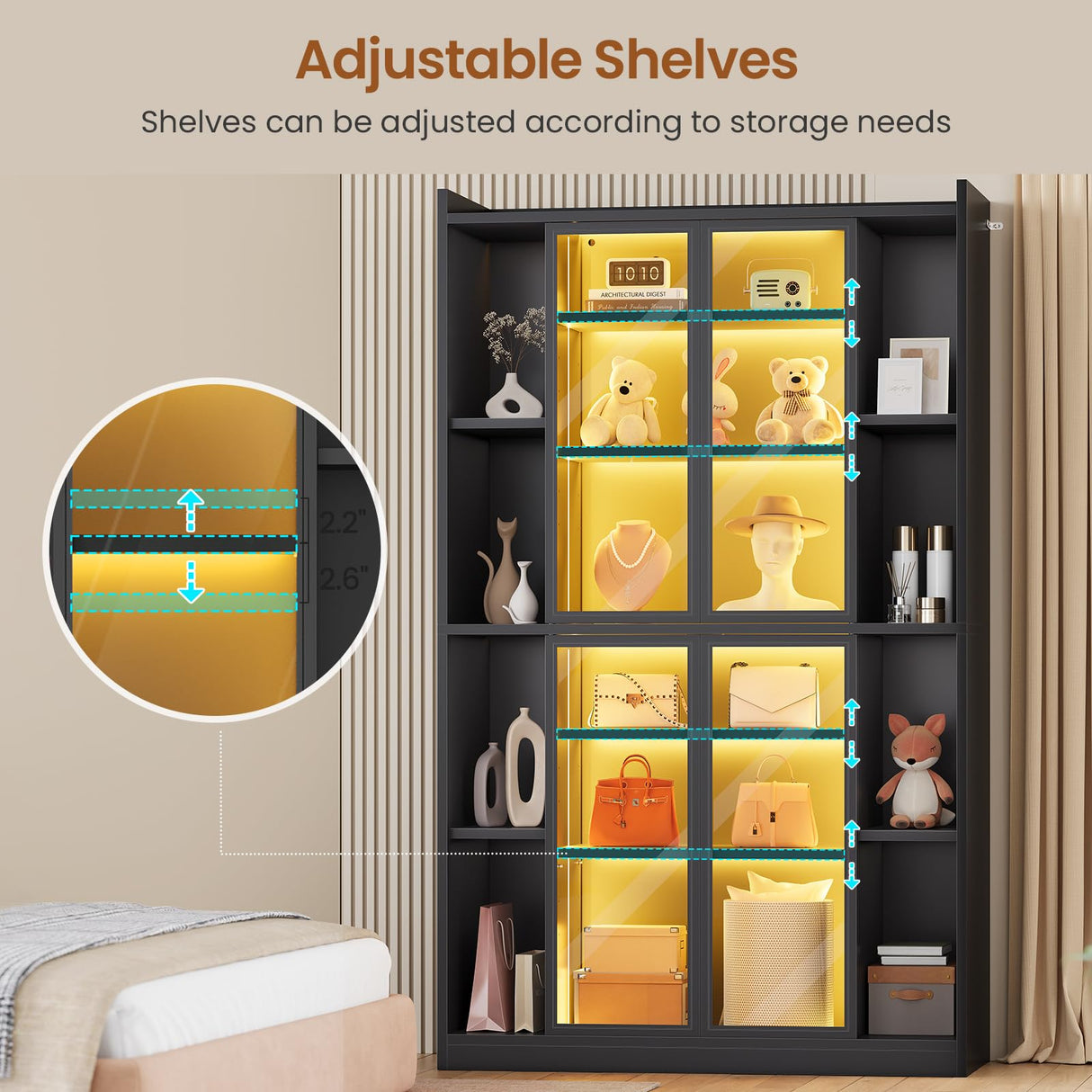 SEDETA 71" Display Cabinet with Acrylic Glass Doors, 6 Tier Display Cases for Collectibles, Curio Cabinet with LED Lights, Tall Bookcase with Adjustable Shelves, Black SEDETA