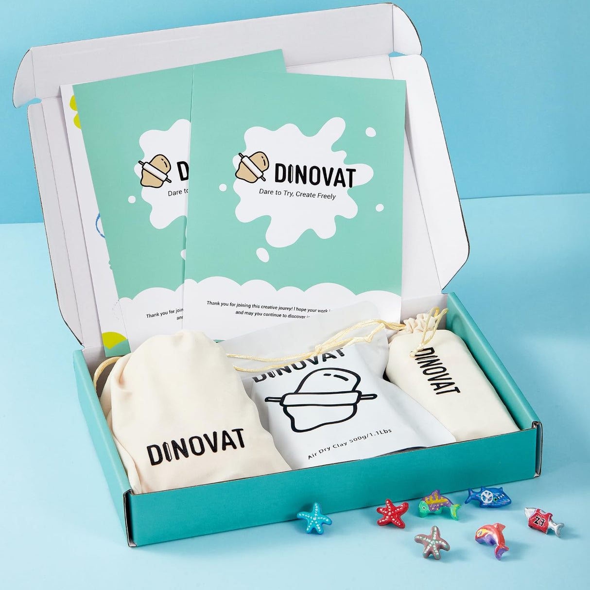 DINOVAT Air Dry Clay Pottery Kit for Adults - DIY Craft Kit Includes:500gClay, 13 Acrylic Paint Pens,Clay Mold,GlossVarnish,Tools & Step-by-Step – Perfect for Pendants, Brooches DINOVAT