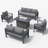 LayinSun Aluminum Furniture Set with Fire Pit Table, 5 Pieces Patio Sectional Conversation Chat Sofa Modern Seating Set LayinSun