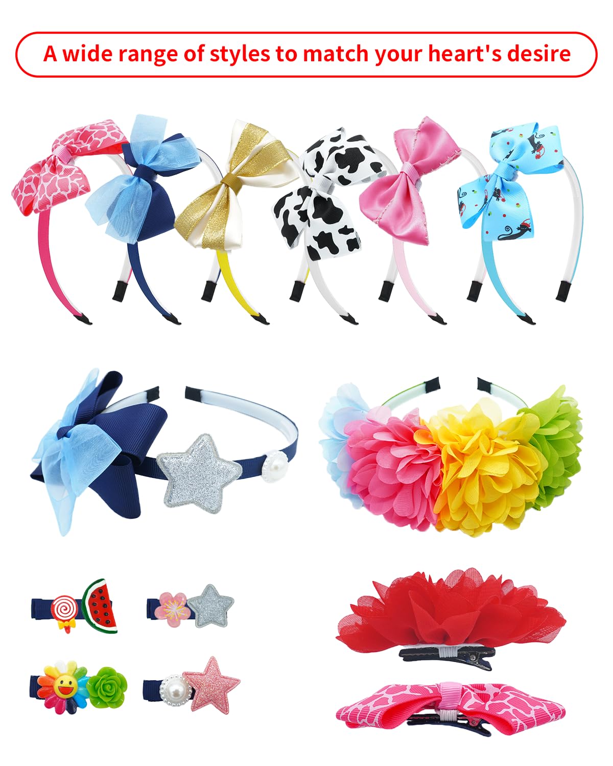 PET SHOW 50 Pack Big Flower Girl Headbands for Litter Girls with Teeth Interchangeable Charms Removable Bows Slip on Head Bands Hair Clips DIY Hair Bands Accessories Making Kit Birthday Gift PET SHOW