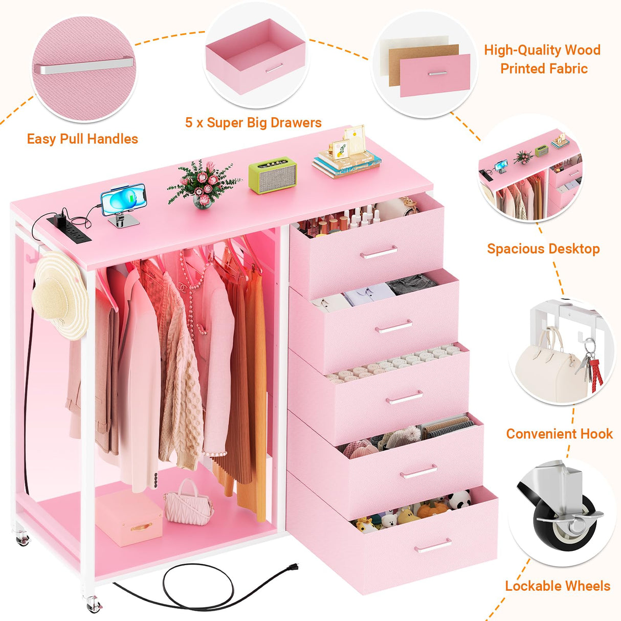 Cyclysio Dresser for Bedroom with Clothes Rack, 5 Drawers Dresser with Charging Station & LED Lights, Pink Storage Chest of Drawers with Wheels, Wooden Top, Lockable Wheels, Bedroom, Closet, Pink Cyclysio