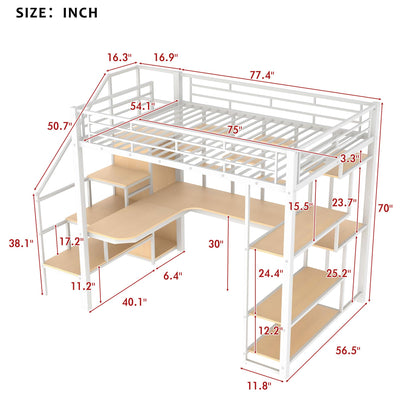 RuiSiSi Multifunctional Full Metal Loft Bed with Integrated Desk, Wardrobe, and Shelves in White - WoodArtSupply