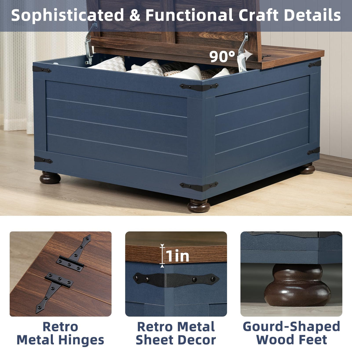 Joaxswe Farmhouse Coffee Table with Hidden Storage, 59 Gallon Square Center Table for Living Room, Rustic Wood Cocktail Tables with Flip-Top Lids, Farm House Tables with Wooden Gourd Feet, Navy Blue Joaxswe