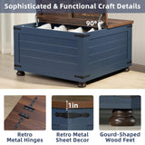 Joaxswe Farmhouse Coffee Table with Hidden Storage, 59 Gallon Square Center Table for Living Room, Rustic Wood Cocktail Tables with Flip-Top Lids, Farm House Tables with Wooden Gourd Feet, Navy Blue Joaxswe