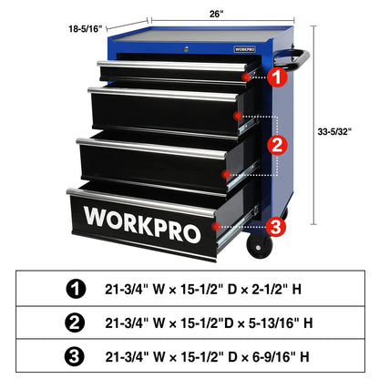 WORKPRO 4-Drawer Tool Chest, 26-Inch Rolling Metal Tool Storage Cabinet With Casters, Locking System, Drawer Liner, 450 lbs Load Capacity, for DIY Projects, Home Improvement, Auto Mechanics