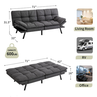 MUUEGM Memory Foam Futon Sofa Bed, Convertible Modern Couch Bed for Living Room,Compact Space,Apartment,Office,Adjustable Backrests Armrests Couch Sleeper,71" Loveseat, Charcoal Grey