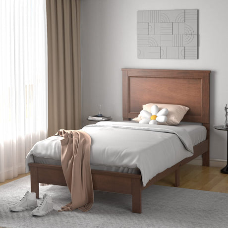KOMFOTT Twin Size Wood Platform Bed Frame with Headboard, Wooden Mid Century Platform Bed with Slat Support & Under Bed Storage, Mattress Foundation Bed Base, No Box Spring Needed, Walnut KOMFOTT