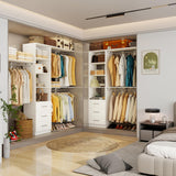 Sokiche Closet System with Drawers, 5FT-8FT Closet Organizer System with Shelves & Adjustable Hanging Rods, 96" Walk in Closet System Storage Wood, White Sokiche