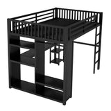 HZSMHDZKJ Queen Size Modern Loft Bed with Desk, Storage Shelves and Wardrobe, Metal Loft Bed Frame with Ladder and Full-Length Guardrail for Kids Teens Adults, No Box Spring Needed (Black-03, Queen) HZSMHDZKJ
