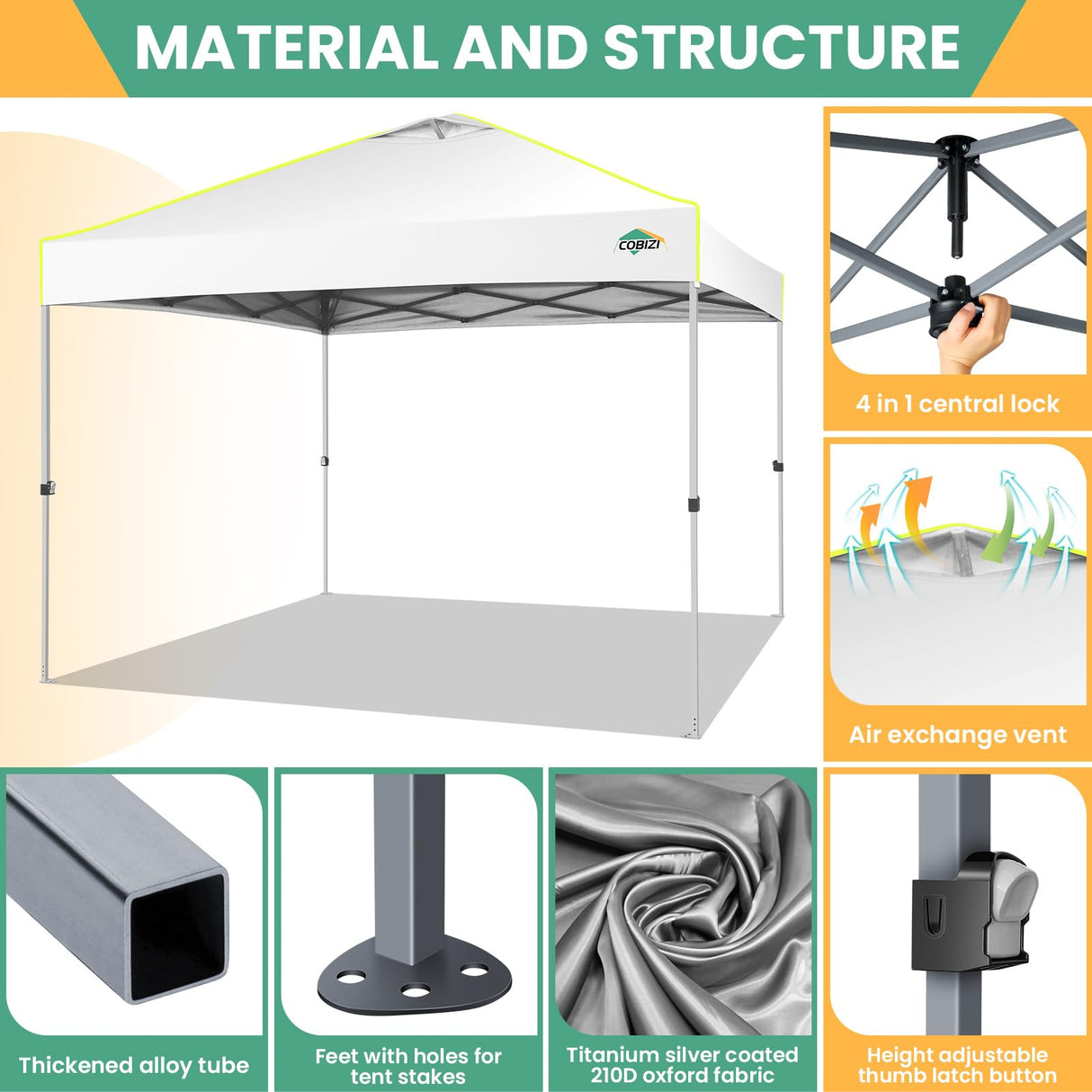 COBIZI 10x10 Pop Up Canopy Tent, One Push Setup Glow Outdoor Tent with 4 Sidewalls, 3 Adjustable Height, Air Vent,Waterproof UPF50+, Bag, Sandbag, Stake, Rope for Wedding, Commercial, Party, White COBIZI