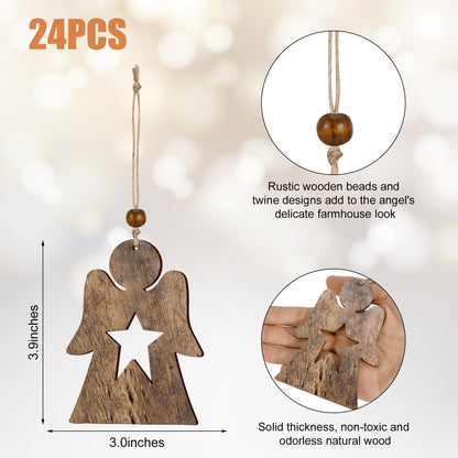 Chenkaiyang 24 Pcs Christmas Wooden Angel Ornaments Pack,Xmas Wood Angel Ornaments Bulk Xmas Tree Hanging Farmhouse Ornaments for Christmas Tree Party Decor