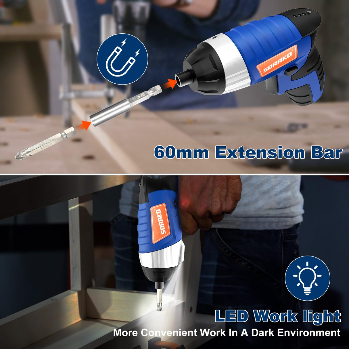 Electric Screwdriver, SORAKO Cordless Screwdriver Rechargeable 4V Max, Power Screwdriver with LED Light, 1300mAh Battery Screwdriver 6 Nm 30 PCS Screw Gun Accessories for Home DIY, Car Repair SORAKO