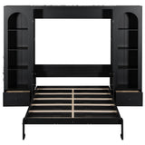 Queen Murphy Bed with Desk and Storage & LED Light, Solid Wood Hideaway Murphy Wall Bed with Storage Bookcase Shelves and Drawers for Adults (Black,Queen) MERITLINE