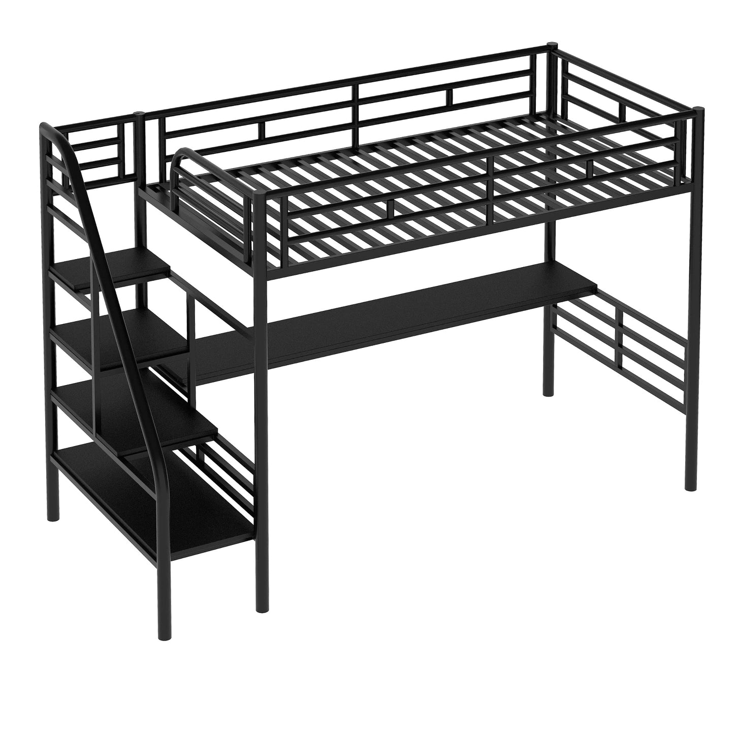 SOFTSEA Heavy Duty Twin Metal Loft Bed with Stairs and Integrated Desk - WoodArtSupply