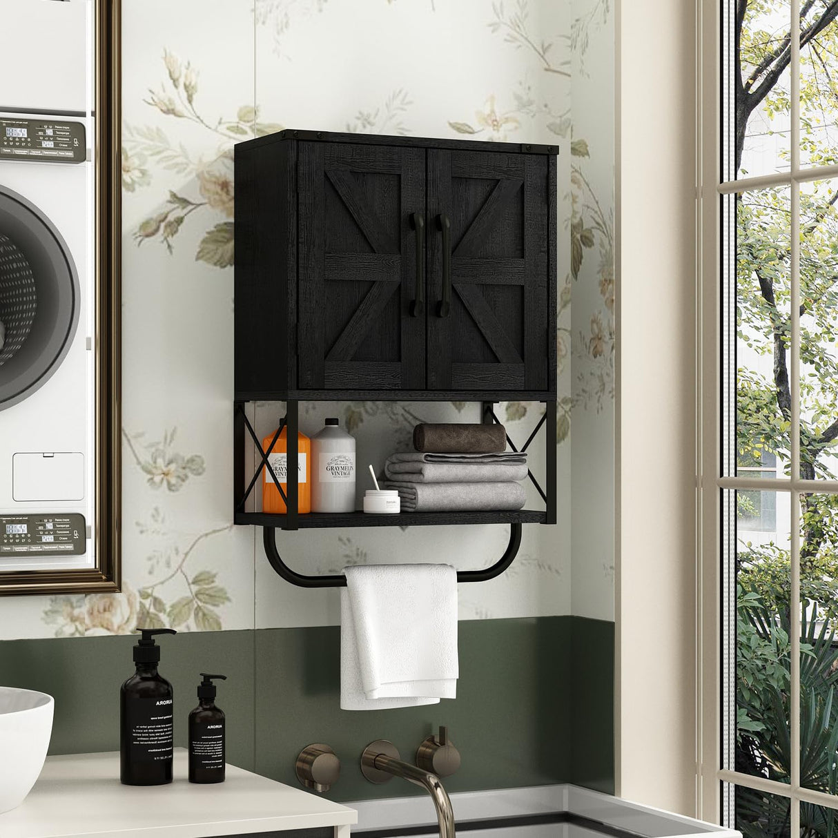 RUSTOWN Farmhouse Rustic Medicine Cabinet with Two Barn Door,Wood Wall Mounted Storage Cabinet with Adjustable Shelf and Towel Bar, 3-Tier Cabinet for Bathroom, Living Room(Black) RUSTOWN