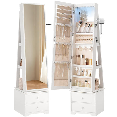 HOOBRO 360° Swivel Jewelry Cabinet with LED Lights, Standing Jewelry Armoire with 2 Drawers, Full-Length Mirrored Jewelry Organizer, Lockable Jewelry Cabinet, Makeup Brush Boxes, White WT05JC04 HOOBRO