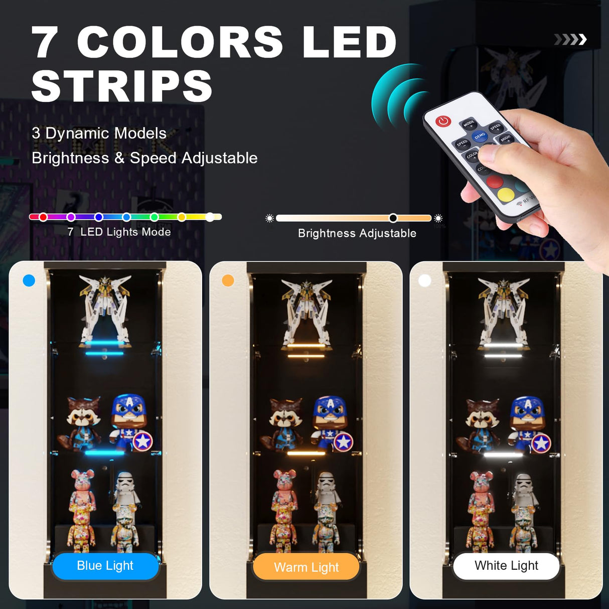 MEISSALIVVE Glass Display Cabinet, 3-Tier Display Case with 7 Color Led Lights, 70.87''H Lighted Curio Cabinet for Collectibles, Trophy, High Gloss, Black MEISSALIVVE