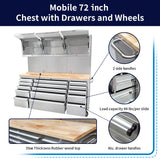 CHETTO C 72 inch Tool Chest Rolling Tool Box Large Tool Cabinet with 15 Storage Drawers Wheels 3 Upper Cabinet SS-Pegboard Workbench Stainless Steel CHETTO C
