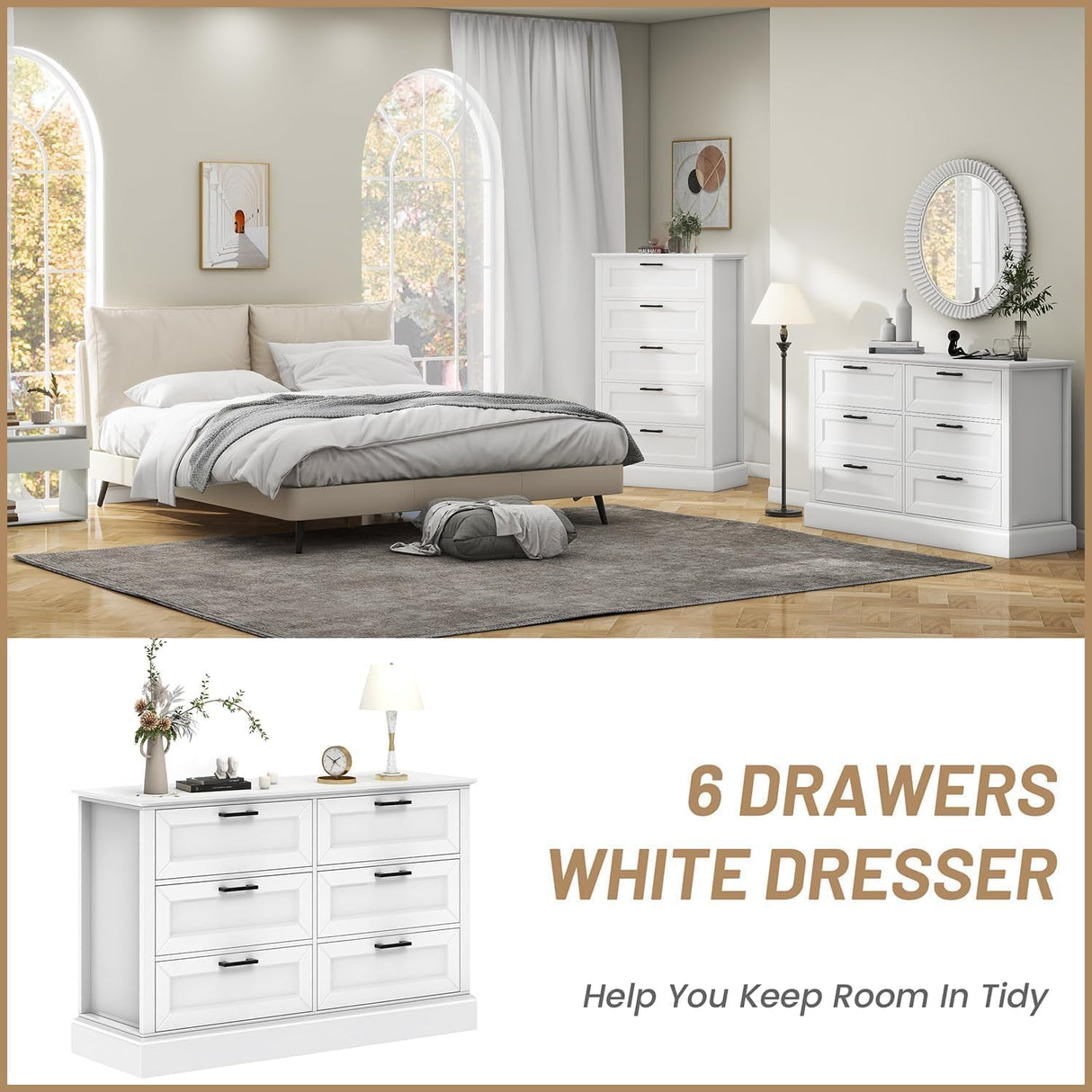 biukpci White 6 Drawer Dresser for Bedroom, Modern Chest of Drawers with Deep Drawers, Wood Double Dresser for Storage Clothes biukpci