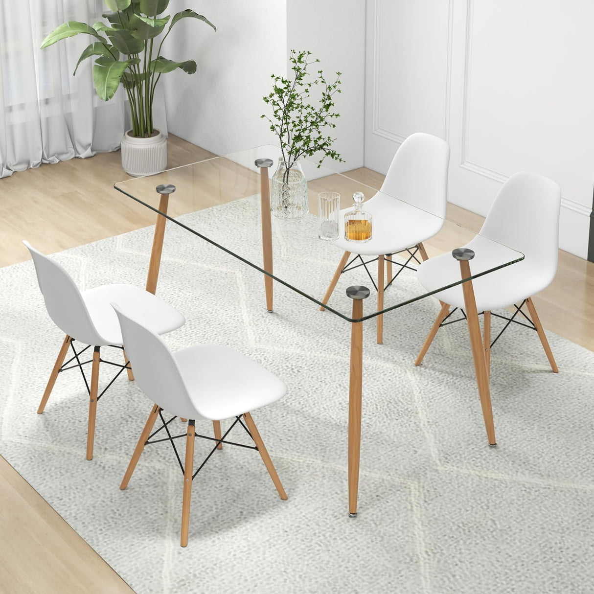 Giantex Dining Table Set for 4, Rectangular Glass Dining Table & 4 White DSW Chairs, 5-Piece Modern Dinette Set for Breakfast Nook, Dining Room, Kitchen, Living Room, White Giantex