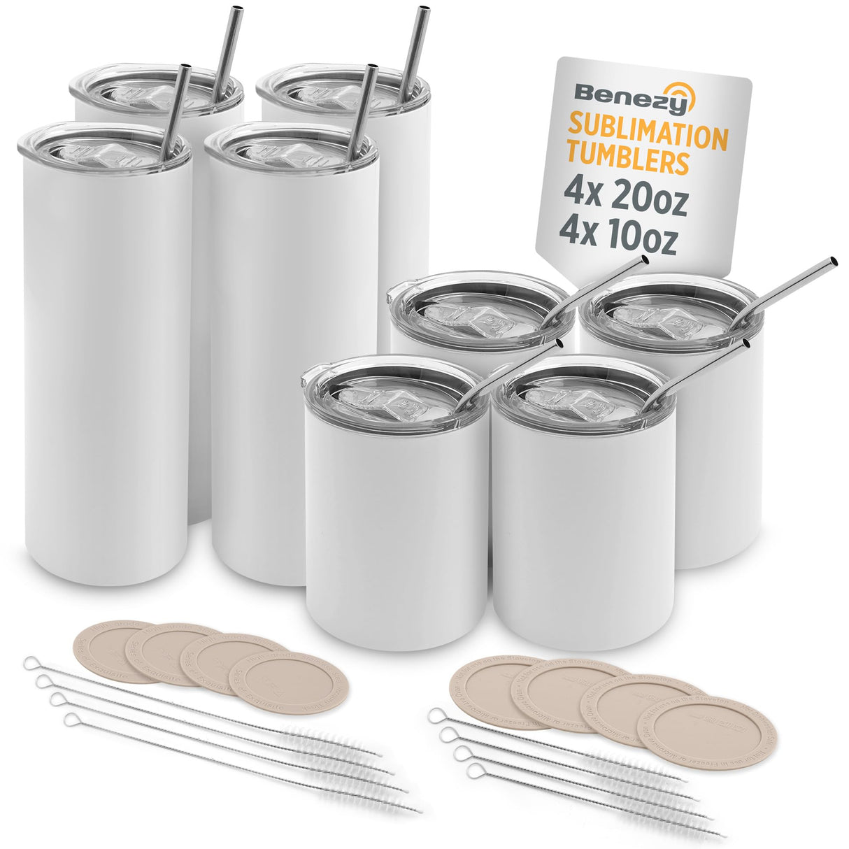 Benezy Bulk Bundle 8-Pack 20oz and 10oz Stainless Steel Sublimation Tumblers Blanks, Heat Press Sublimation Tumbler Cups Includes Lids, Straws with brush, Shrink Wrap, Silicone Base Benezy