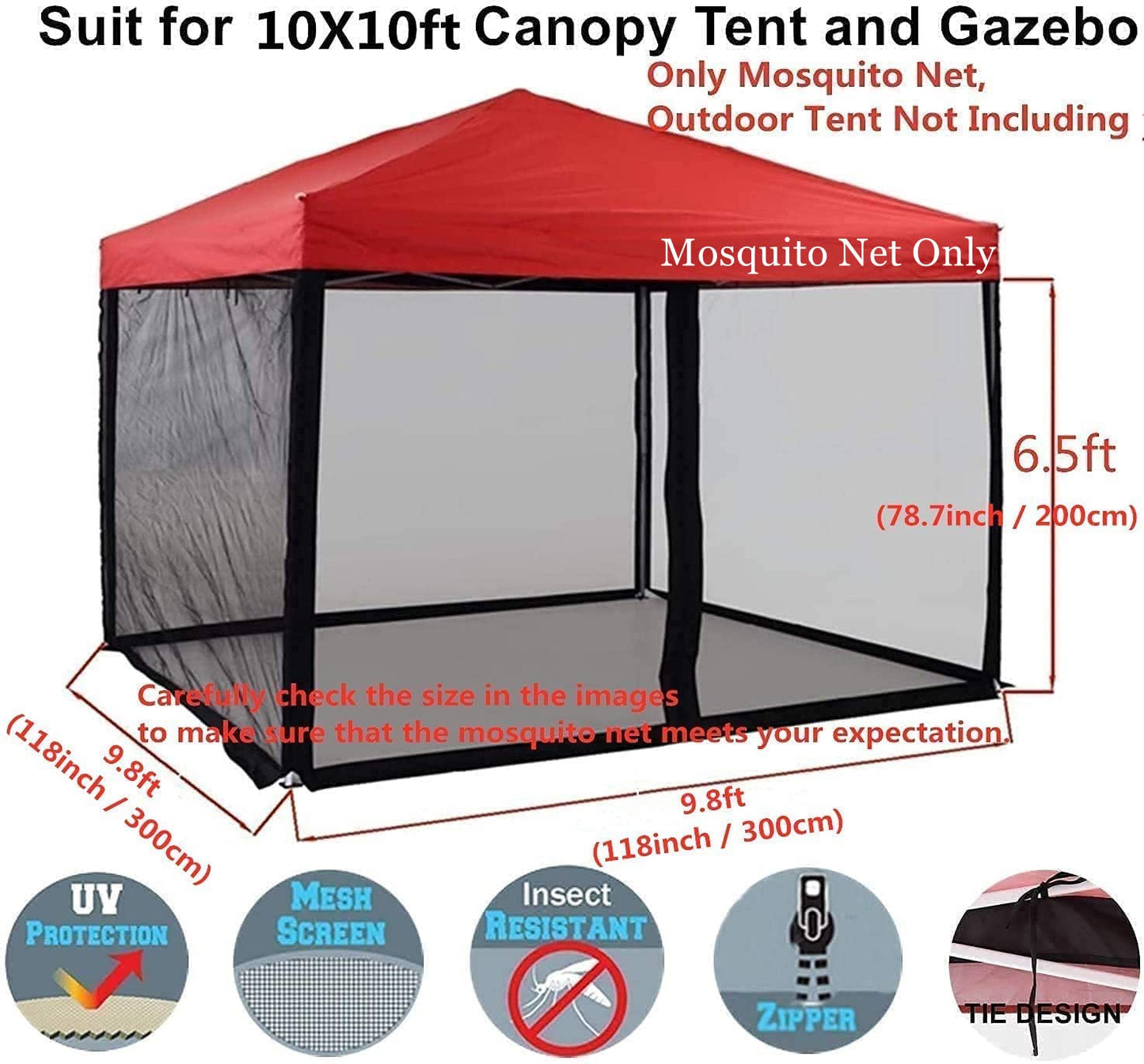 Mosquito Net with Zipper for Outdoor Camping Mosquito Net DIY Canopy Screen Wall Outdoor Mosquito Net for 10 x 10 Patio Gazebo and Tent