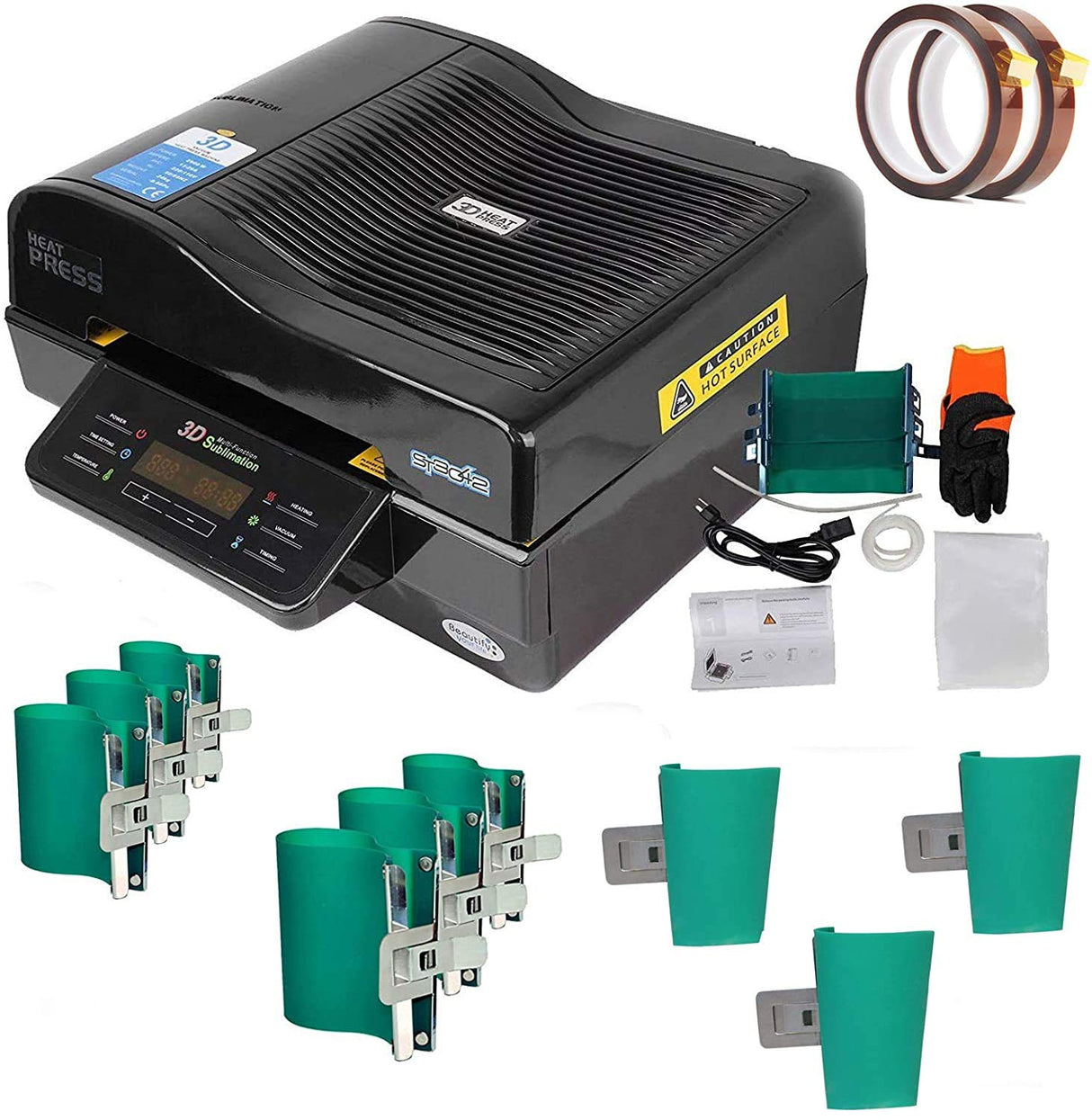INTSUPERMAI 3D Vacuum Sublimation Heat Press Machine Muti-fuction Sublimation Machine Kit with 9 Pieces Rubber Clamp 2 Heat Resistant Tape for Mugs Transfering Printing 2800W INTSUPERMAI