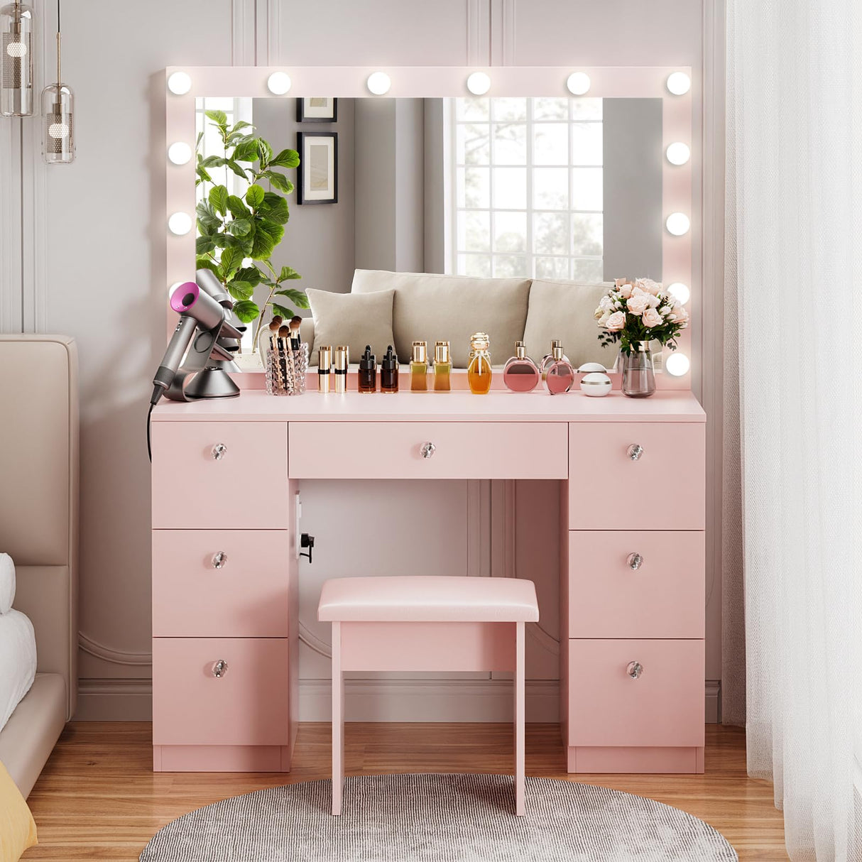 VOWNER Vanity with Lighted Mirror - Makeup Vanity Desk with Glass Top, 7 Drawers and Power Outlet, 3 Color Lighting Modes Adjustable Brightness, 44" Vanity Table with Stool for Women Girls, Pink VOWNER