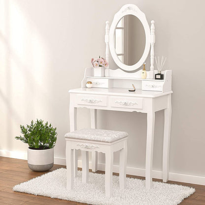 Alohappy Makeup Vanity Set with Mirror & Stool for Girls, Vanity Table and Cushioned Stool Set with 4 Drawers, Wood Dressing Table for Bedroom