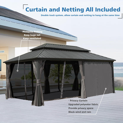 SHPAI 12’ x 20’ Hardtop Gazebo, Outdoor Aluminum Gazebo with Galvanized Steel Double Roof Canopy, Outdoor Permanent Metal Pavilion with Curtains and Netting for Patio, Backyard and Lawn, Dark - WoodArtSupply