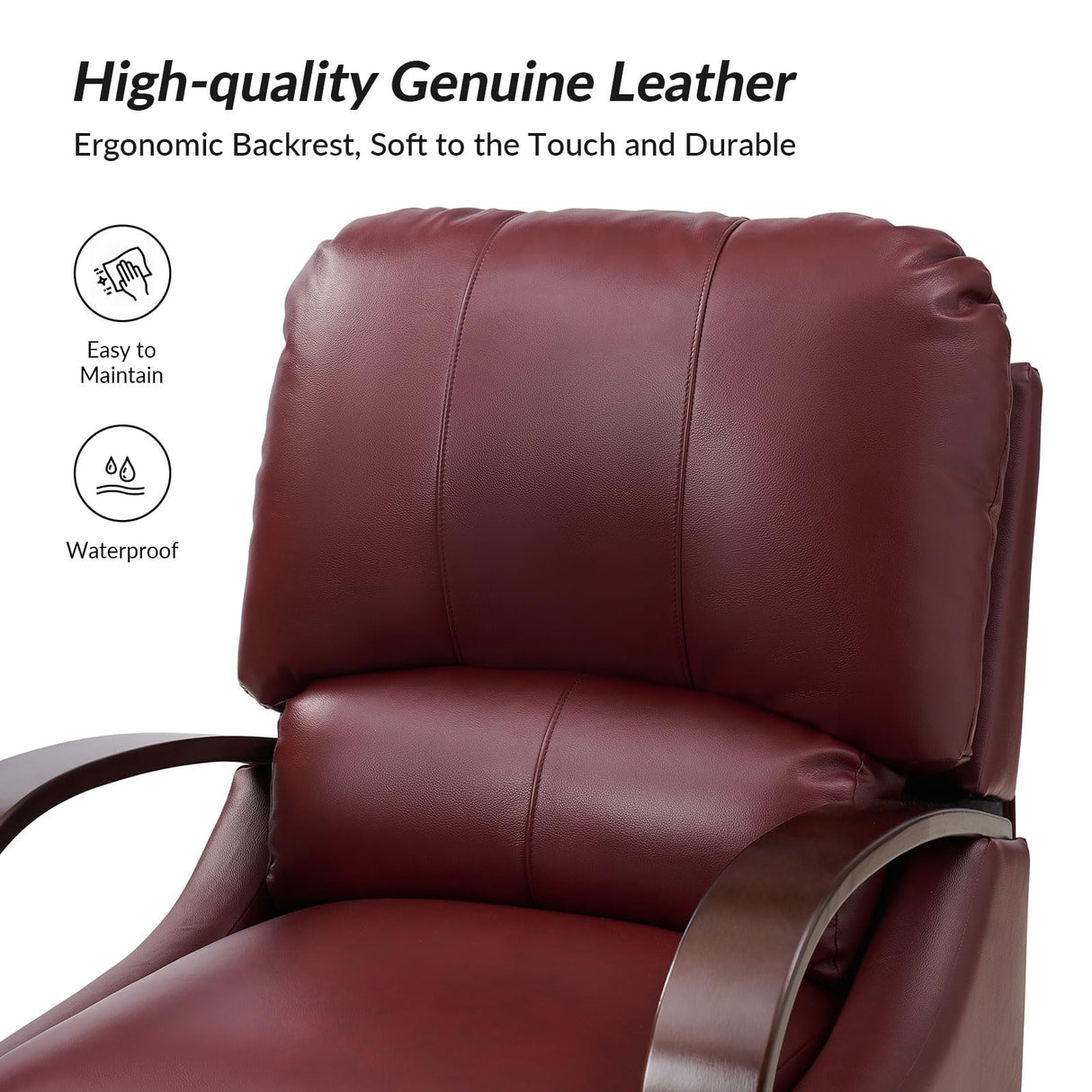 HULALA HOME Genuine Leather Manual Recliner with Wood Feet & Armrest, Mid-Century Modern Push Back Reclining Chair for Living Room Bedroom, Burgury HULALA HOME