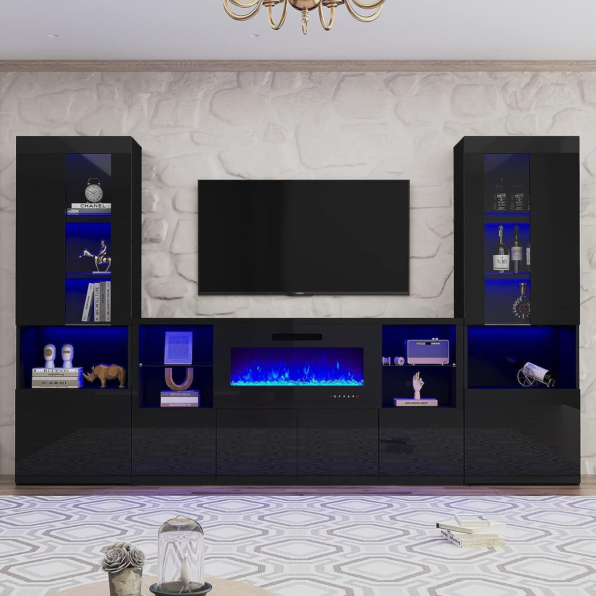 AMERLIFE 3 Piece Modern High Gloss Fireplace TV Stand + Bookcase Set for Living Room Includes 68" TV Stand with 40" Fireplace, 2 X Bookcase Storage Cabinet with Doors & 20 Colors LED Lights, Black AMERLIFE
