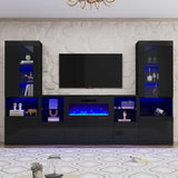 AMERLIFE 3 Piece Modern High Gloss Fireplace TV Stand + Bookcase Set for Living Room Includes 68" TV Stand with 40" Fireplace, 2 X Bookcase Storage Cabinet with Doors & 20 Colors LED Lights, Black AMERLIFE