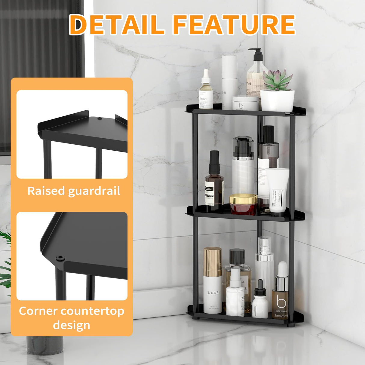 Jesginboo 3 Tier Bathroom Counter Organizer, Vanity Organizer Corner Shelf, Skincare, Makeup Countertop Organizers, Kitchen, Bathroom Counter Storage, Black Jesginboo
