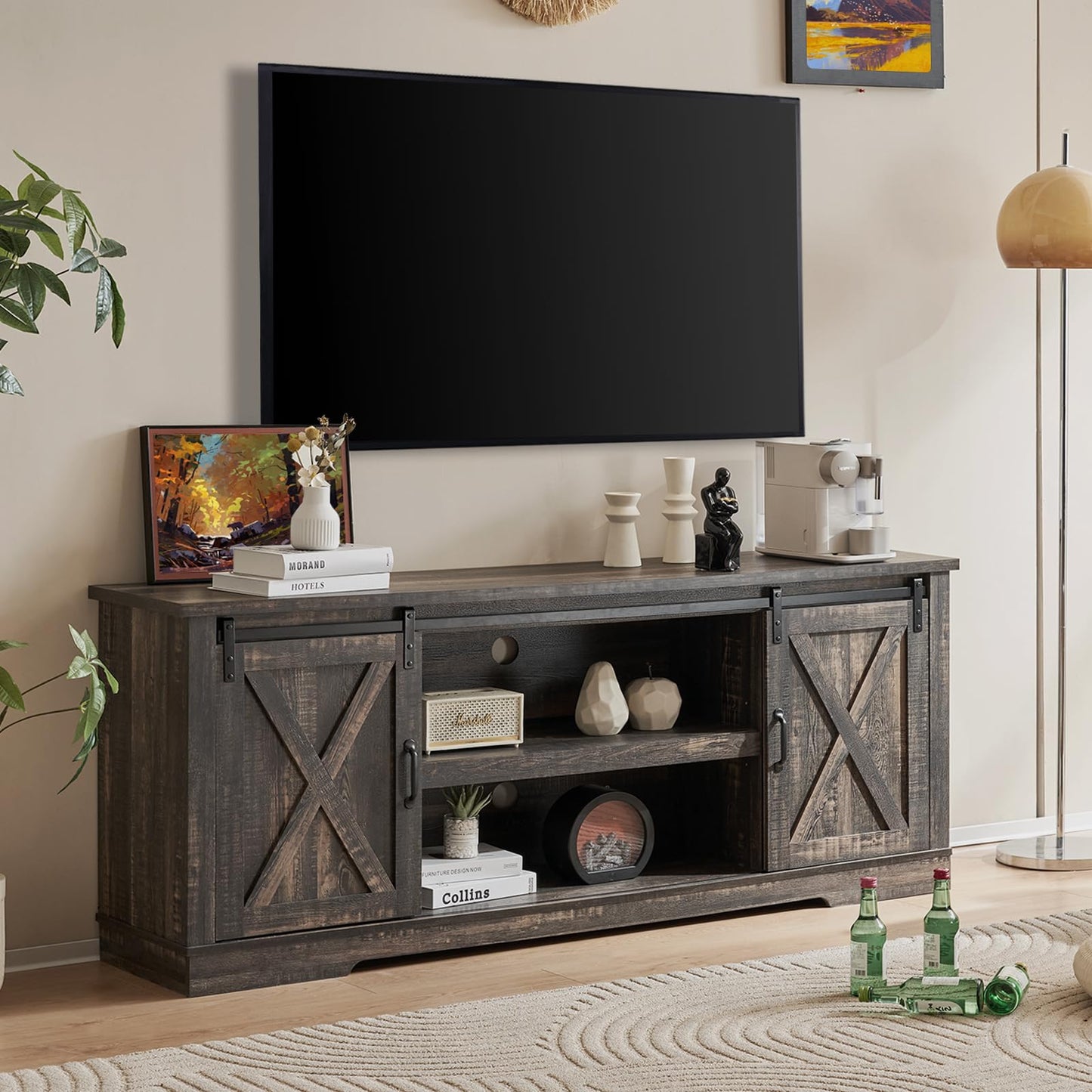 AMERLIFE 66" Farmhouse TV Stand for 75 Inches TVs, Entertainment Center with Sliding Barn Door and Adjustable Shelf & Feet, Console Table with Storage, Dark Rustic Oak - WoodArtSupply