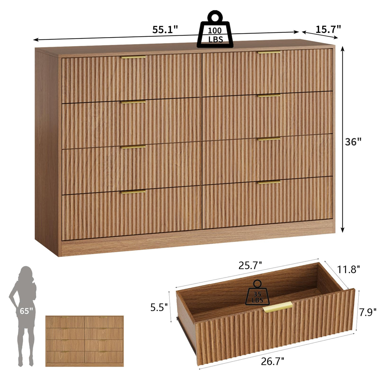 NOVAMAISON Fluted Dresser for Bedroom with 8 Drawer, 55” Wide Wooden Dresser Mid Century Chest of Drawers w/Gold Handle, Fluted Dressers TV Stand Closet Storage Organizer for Living Room, Natural Oak NOVAMAISON