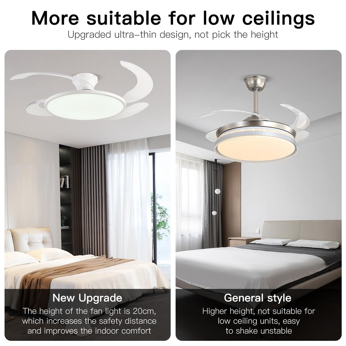 AHAWILL 48'' Retractable Ceiling Fan,Full Spectrum Low Profile Ceiling Fan with Light and Remote,Modern White Fan for Dinning Room Living Room Bedroom,Retractable Blades,Dimmable,Timer Setting AHAWILL