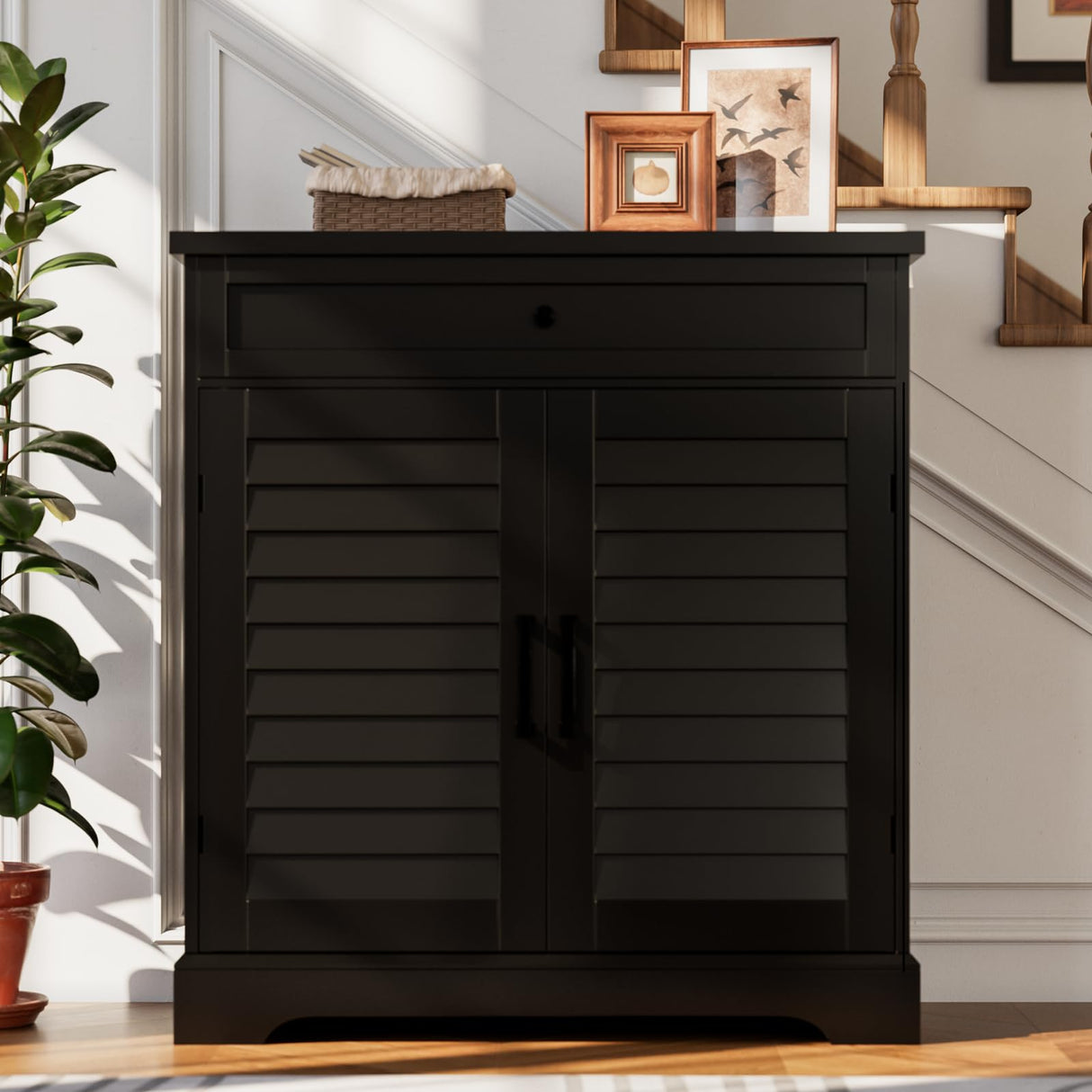 ChooChoo Shoe Cabinet with Doors, 4-Tier Shoe Storage Cabinet with Drawer and Shelves, Wooden Shoe Rack Organizer for Entryway, Hallway, Closet, Black ChooChoo