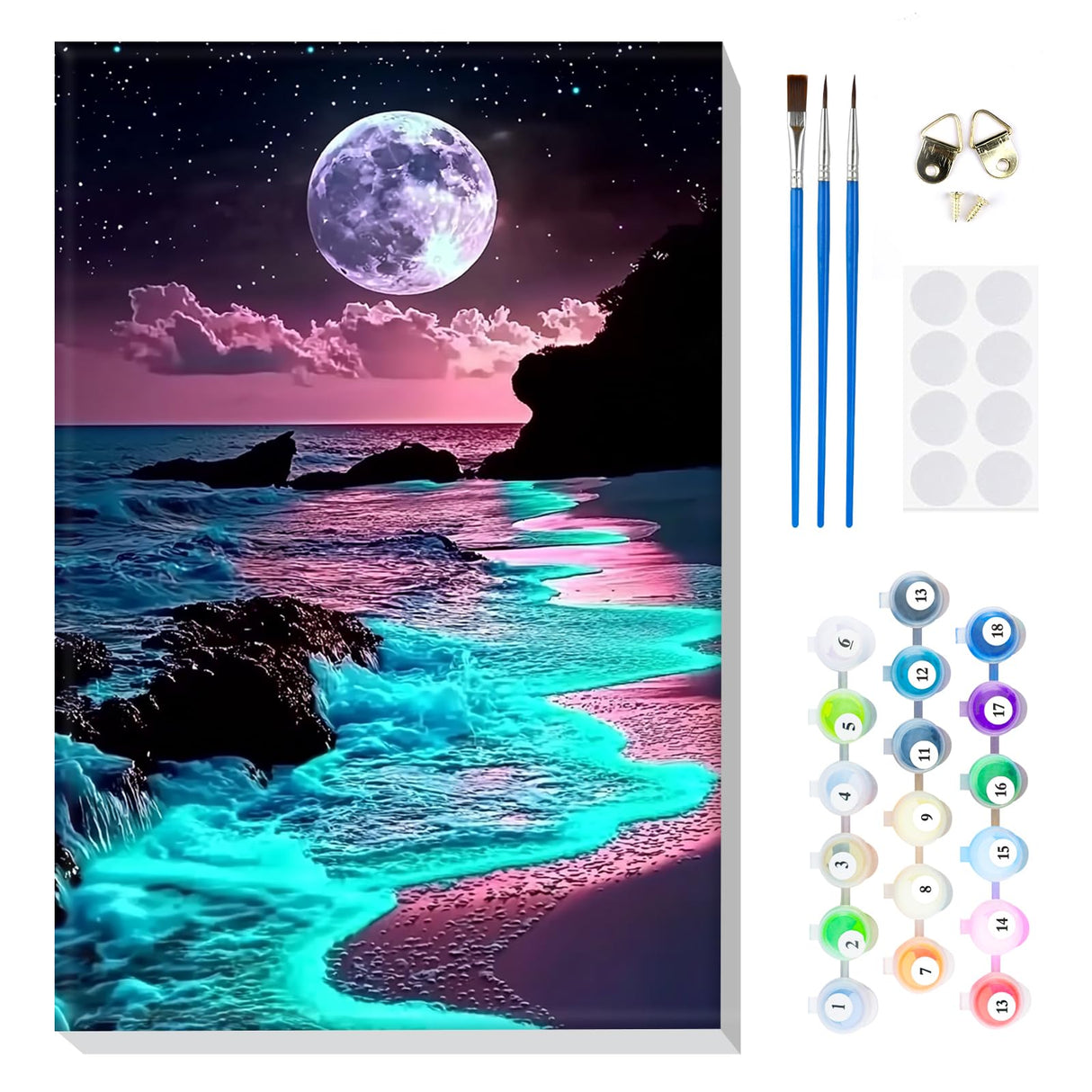MOGTAA Moon Night Paint by Number Kit for Adults Beginners Framed, Adult Paint by Number Kits On Canvas, Easy Adults' Paint-by-Number Kits, DIY Seaside Oil Painting Kits for Home Decor, 8x12in MOGTAA