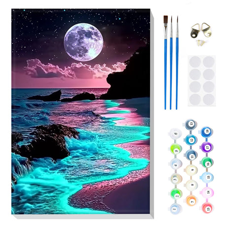 MOGTAA Moon Night Paint by Number Kit for Adults Beginners Framed, Adult Paint by Number Kits On Canvas, Easy Adults' Paint-by-Number Kits, DIY Seaside Oil Painting Kits for Home Decor, 8x12in MOGTAA