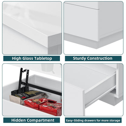 HOMMPA Lift Top Coffee Table with LED Light Morden Coffee table with Storage High Gloss White Coffee table for Living Room Tea Table with Storage Center Tables Hidden Compartment & 2 Drawers - WoodArtSupply