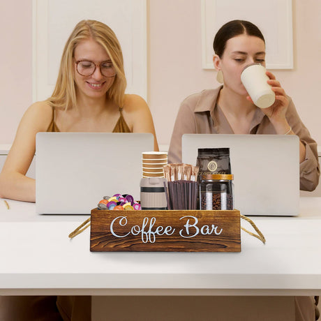 QUALLON Coffee Station Organizer with Small Removable Dividers, Wooden Coffee Bar Accessories Storage For Countertop, Farmhouse Kcup Coffee Pod Holder Basket With Handle For Coffee Lover QUALLON