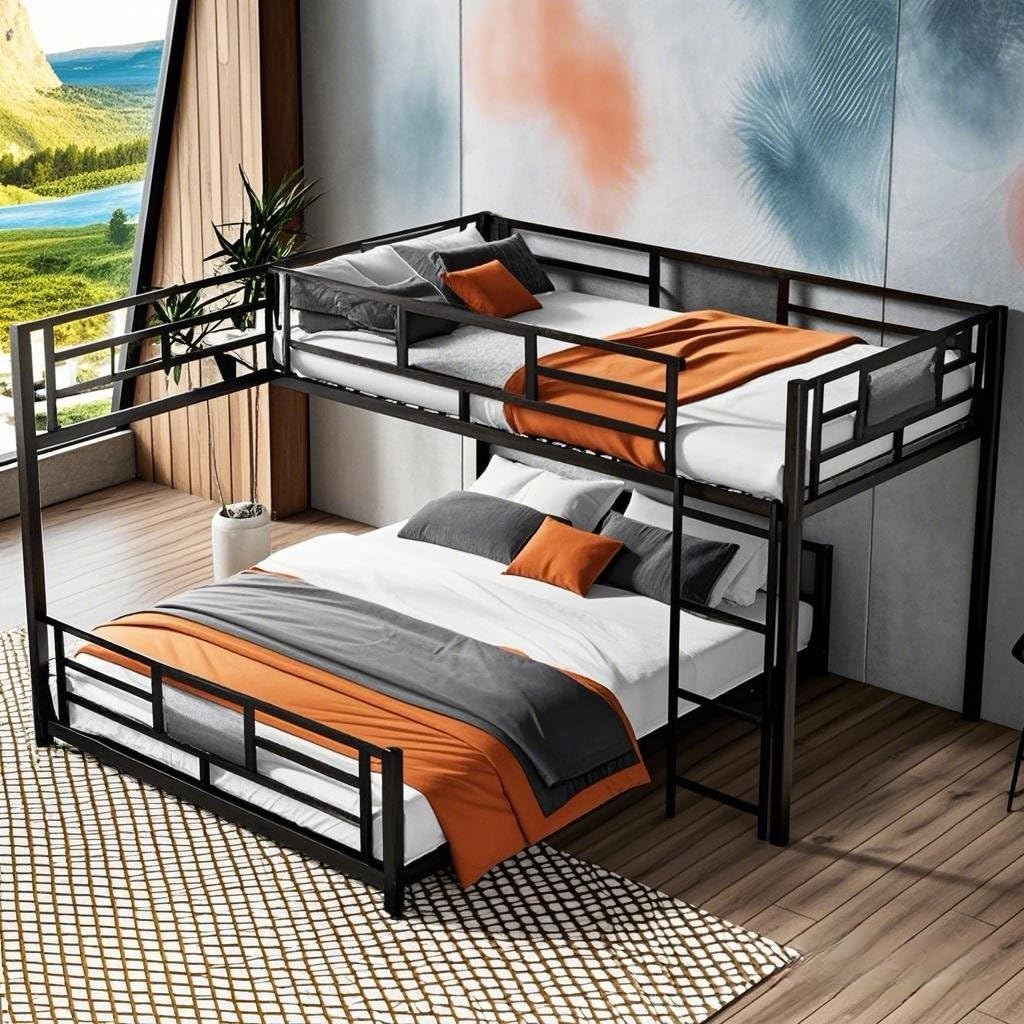 Elegant L-Shaped Metal Bunk Bed, Twin Over Full Size Bunk Bed with Ladders and Guardrails for Kids Teens Adults (Black#l) KLMM