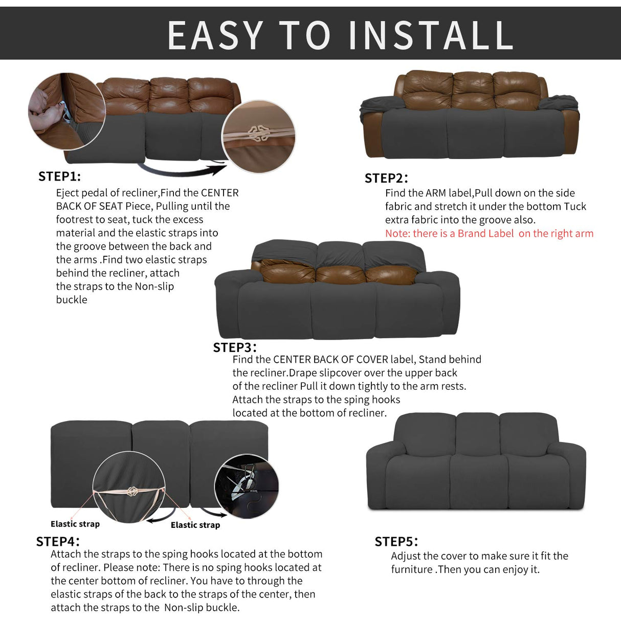 Easy-Going 8 Pieces Recliner Sofa Stretch Sofa Slipcover Sofa Cover Furniture Protector Couch Soft with Elastic Bottom Kids, Spandex Jacquard Fabric Small Checks Dark Gray Easy-Going