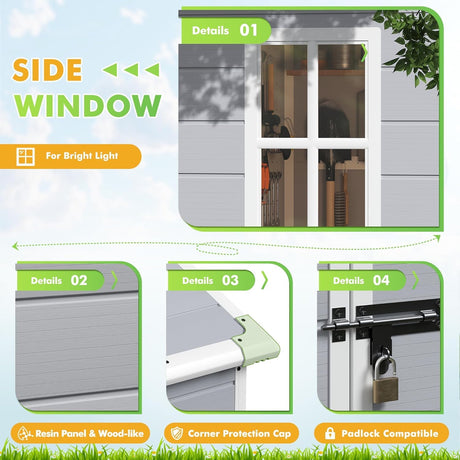 Devoko 6x4 FT Outdoor Storage Shed, Plastic Resin Garden Shed with Lockable Door & Built-in Floor, Waterproof Tool Shed for Backyard, Patio, Lawn, Pool Supplies (Grey) Devoko