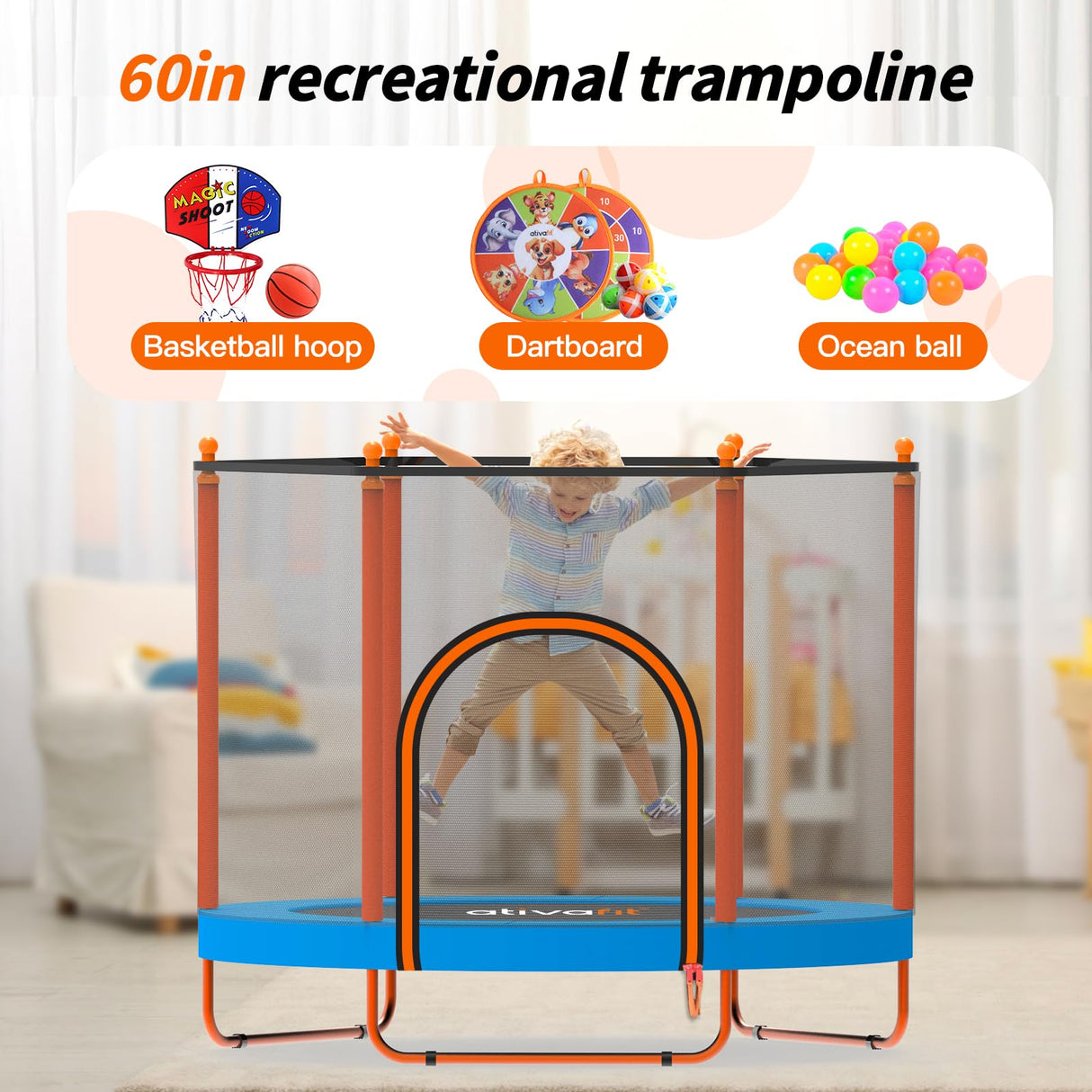 Ativafit 60'' Rebounder Trampoline Indoor Outdoor for Kids Ages 1-8, 5 FT Recreational Toddler Trampoline with Safety Enclosure Net Gifts with Basketball Hoop Dartboard Ocean Ball for Fun ATIVAFIT