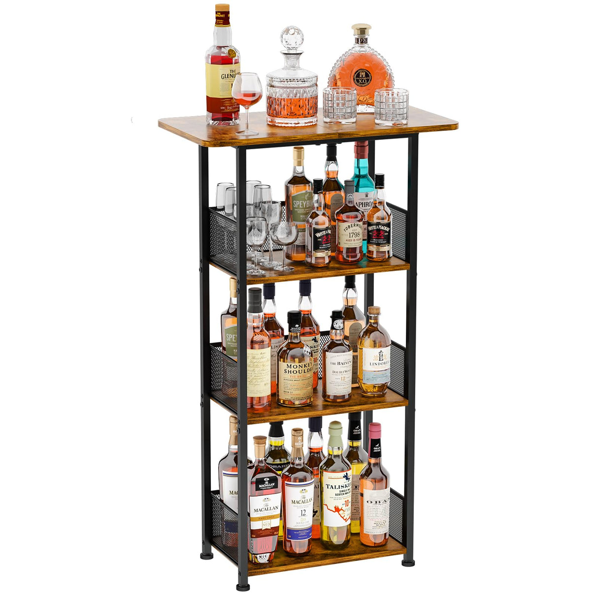Eyteenokk Wine Rack Freestanding Floor:4 Tier Whiskey Wine Rack Mini Bar Cart,Liquor Cabinet-Home Bar for Bottles,Cocktail Shaker,Mugs-(23.6 * 11.8 * 40inch) Eyteenokk