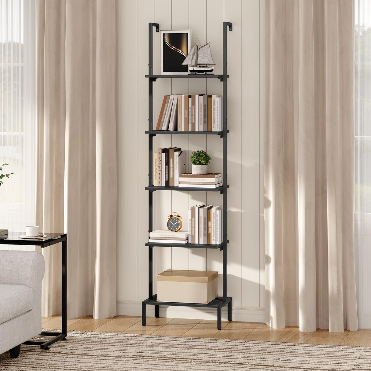 MAHANCRIS 5-Tier Ladder Shelf, Storage Bookshelf with Wall Mount, Heavy Duty Industrial Style Ladder Shelves for Living Room, Office, Kitchen, Bedroom, Black LSBK5501 MAHANCRIS