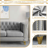 Velvet 3 Seater Sofa Couch, Comfy Couches for Living Room, Modern Sofa with Tufted Back and Rivet Decoration, Upholstered Long Couch with Solid Golden Metal Tapered Legs, Grey KINFFICT